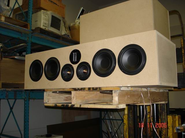 Apex C prototype cabinet in unfinished MDF seen from an angle in the workshop
