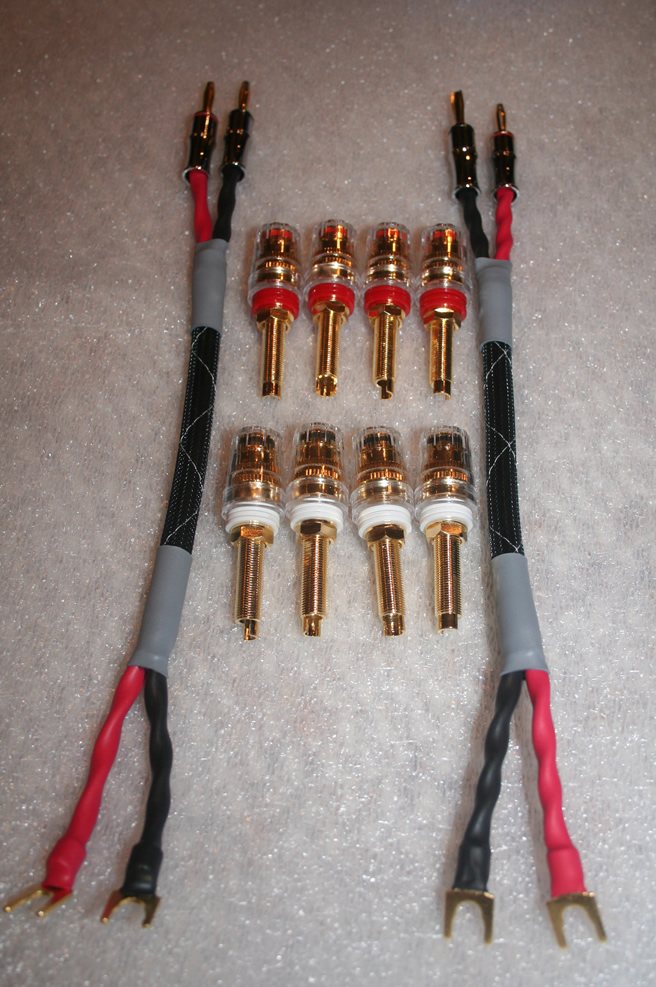 RAW Acoustics gold-plated binding posts and two handcrafted bi-wire jumper cables with banana plugs and spades