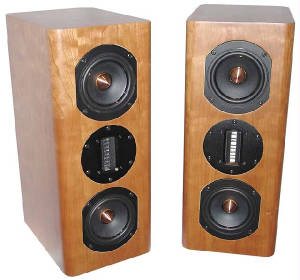 Pair of HT2 bookshelf speakers in cherry veneer with the grilles off: two midwoofers either side of a ribbon tweeter