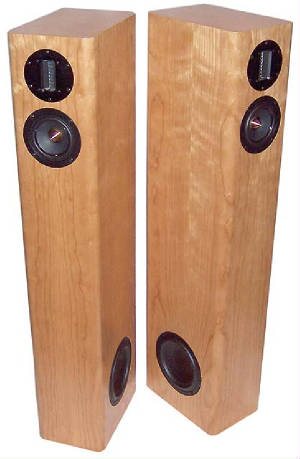Pair of HT3 towers in cherry veneer with the grilles off, showing the side-firing woofers