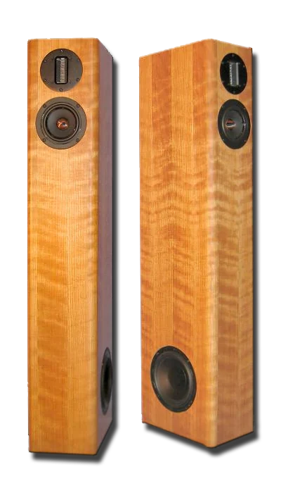 Pair of RAW Acoustics HT3 tower speakers in figured wood veneer, front and side view