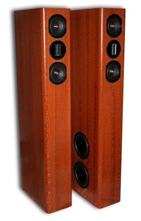Pair of HT8i tower speakers in cherry veneer, front and side view showing the twin side-firing woofers