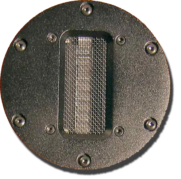Close-up of the RA104.5 ribbon tweeter on its round faceplate
